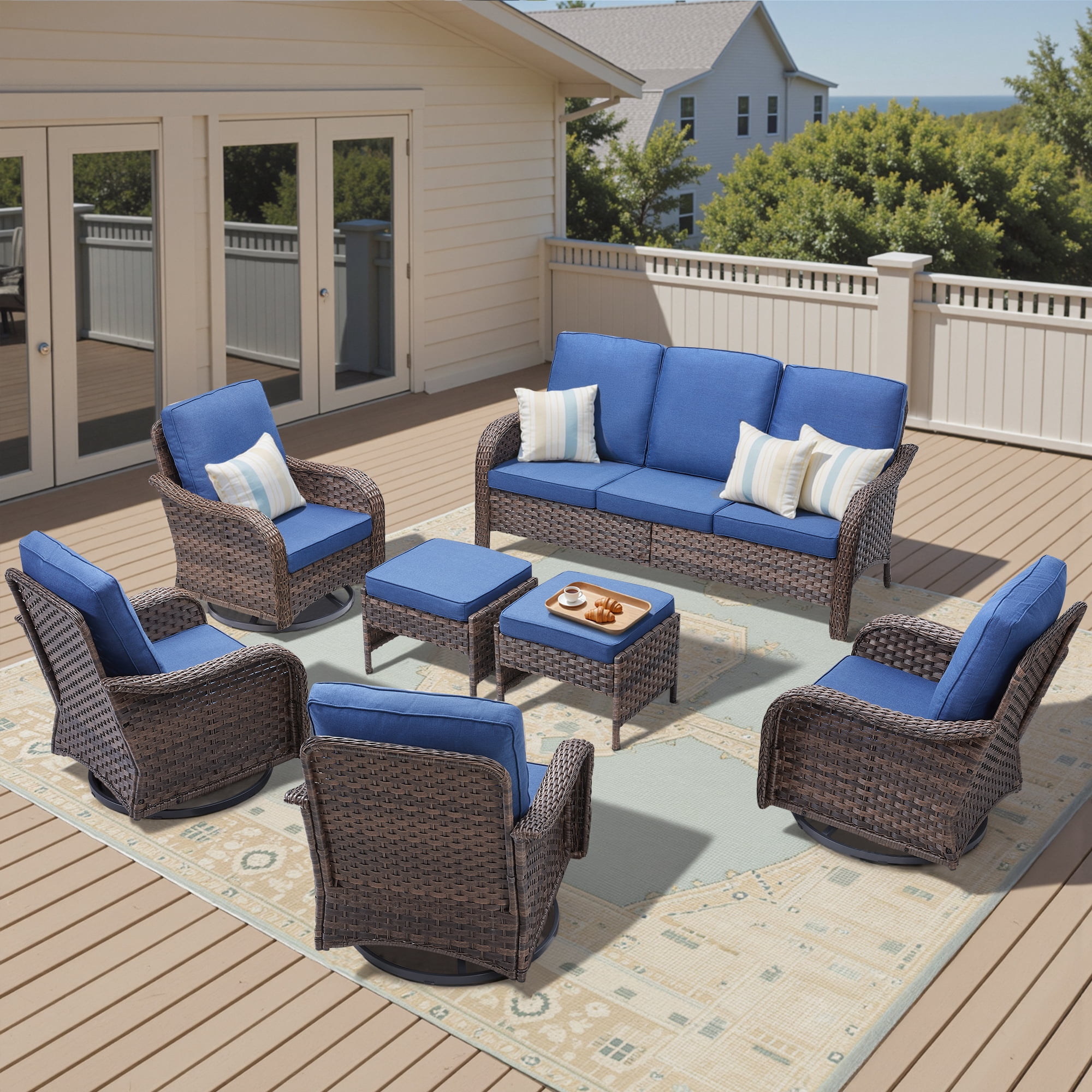 Lumiinofami Patio Wicker Furniture Set of 7, Outdoor Swivel Rocking Chairs and Ottomans Set with Blue Cushions for Porch Garden Balcony