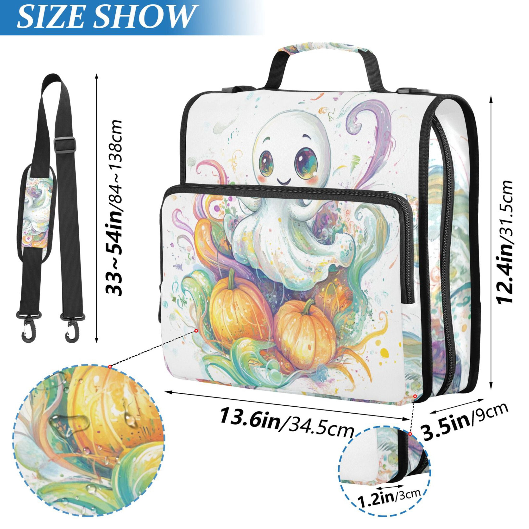 3 Ring Zipper Binder with Shoulder Strap Waterproof Trapper Keeper 2 Inch D-Ring 500 Sheets Capacity Lovely Ghost Pumpkin