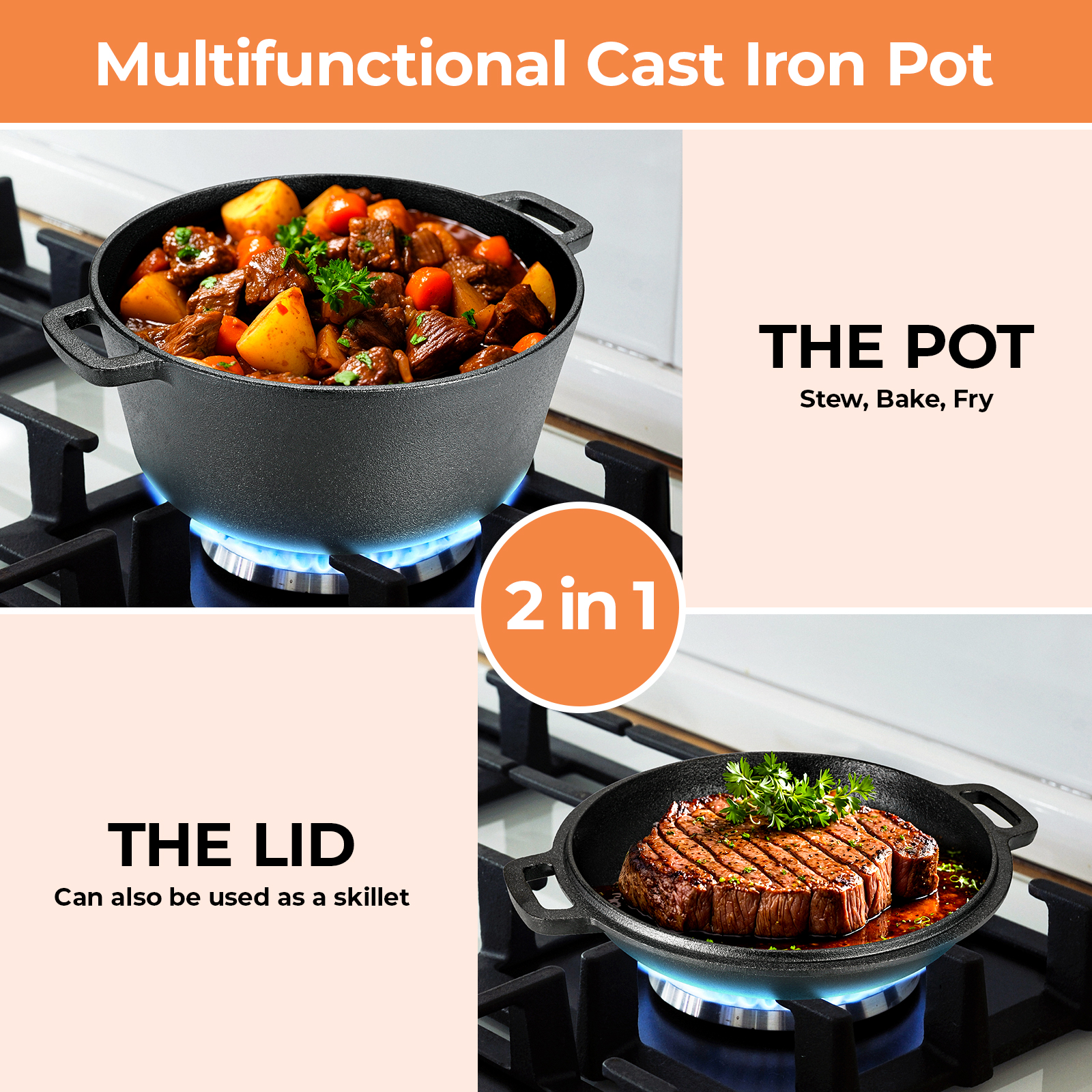 TLGREEN 7-Quart 2-in-1 Pre-Seasoned Cast Iron Dutch Oven photo 5
