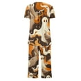 thumbnail image 3 of SwiftWear Halloween Pajamas Sets for Women Castle Pumpkin Bat Cute Spider Ghost Print Homewear Lounge Set Short Sleeve Henley Shirts Capris, Brown XL, 3 of 4