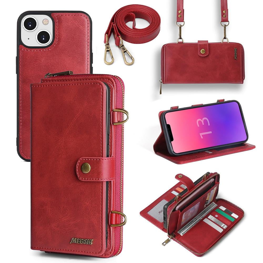 Apple iPhone 13 pro leather cover case holder wallet cover cell phone smartphone credit business cards pocket slots book cover rubber rope