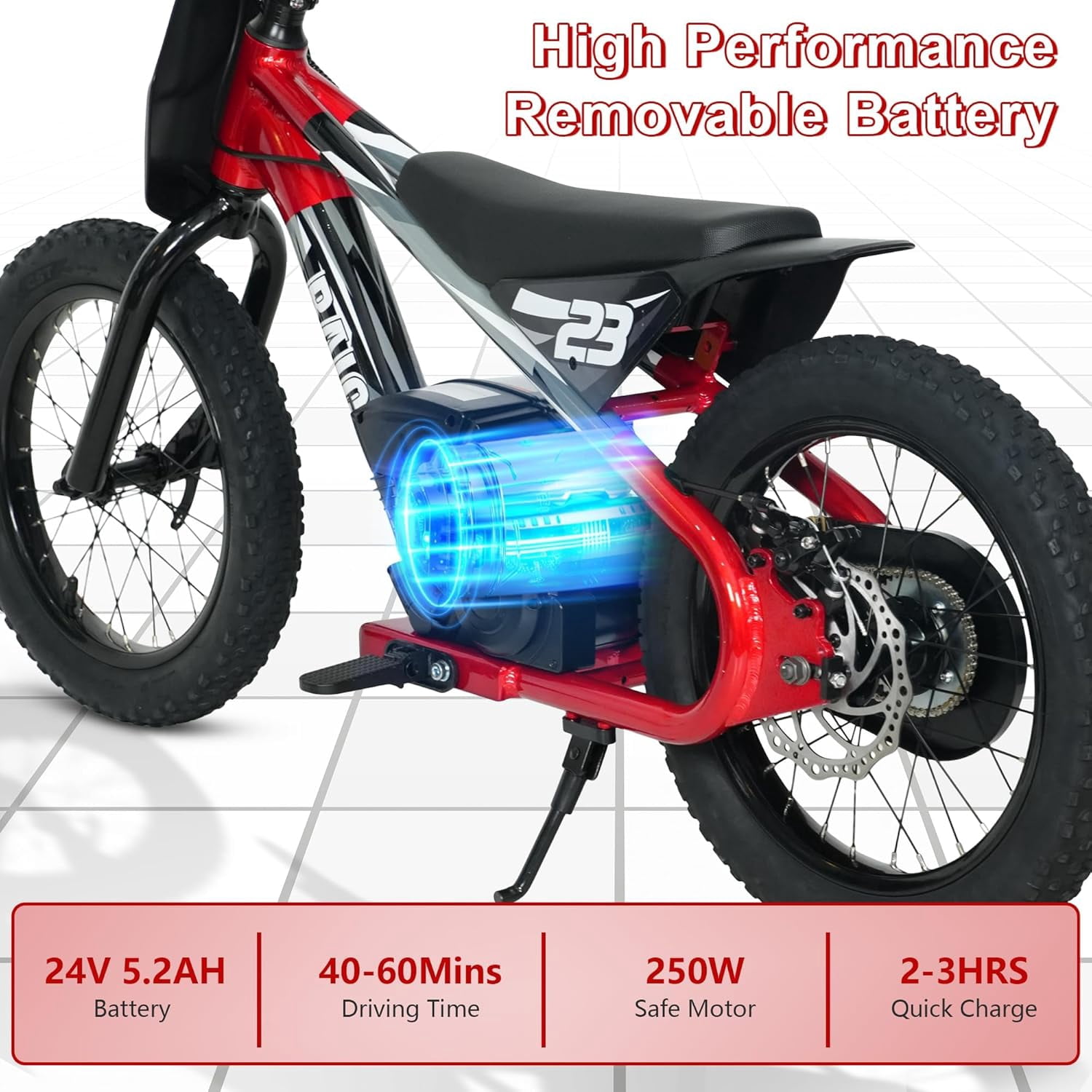 Electric Dirt Bike for 6-12 Years, Akaber 250W Brushless Motor 15.5MPH, 16" Inflatable Tires, 24V Detachable Battery, Electric Bike