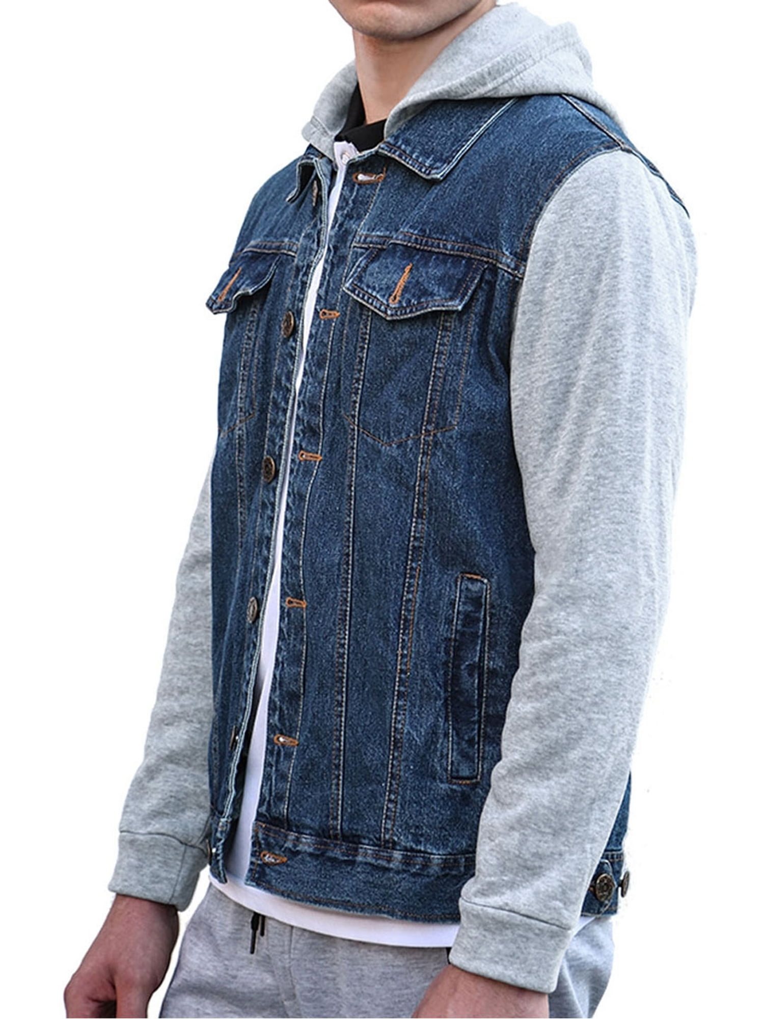 Men's Hoodie Jean Patchwork Sleeves Button Down Denim Jacket - Walmart.com