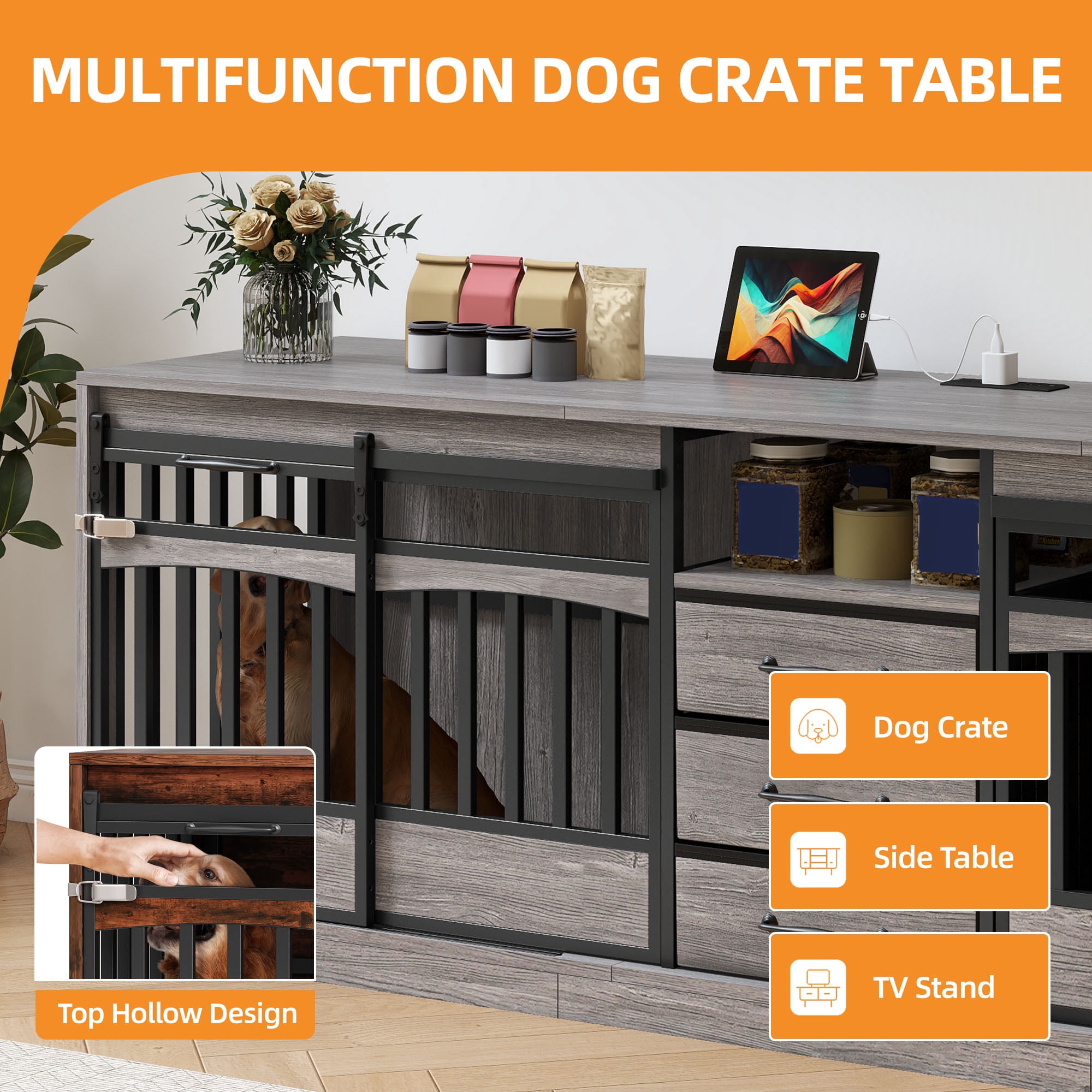 Homiflex 86" Large Double Dog Crate Furniture with 3 Storage Drawers & 1 Shelf Farmhouse Dog Kennel TV Stand Indoor for 2 Large Medium Dogs Decorative Dog Cage with Sliding Door Power Outlets Grey