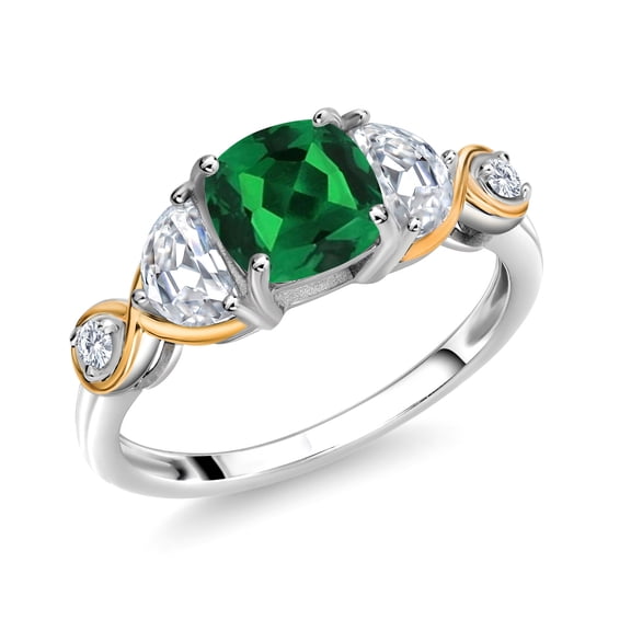 Gem Stone King 925 Silver and 10K Yellow Gold 3-Stone Ring Cushion Nano Emerald Half Moon Moissanite (1.66 Carat Cttw) (Size 9)