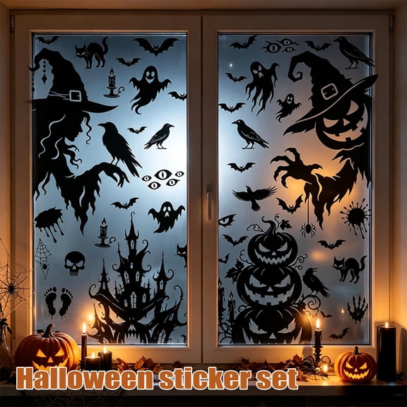 Halloween Window Clings, Silhouette Witch Ghost Haunted House Jack O Lantern Static Window Decals, Halloween Decorations for Home Party Glass Doors