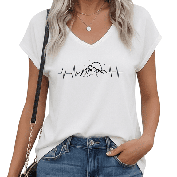 UNISHE Outdoor Adventure ECG V-neck Print Tshirt Graphic Tees White Gray S-5XL Tops