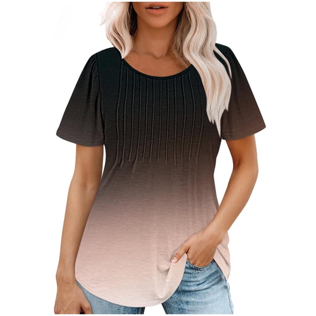 Plebaso Hauts pour Femmes Été Manches Courtes Col Rond Tunique Habillée Ample Mode Dégradé de Couleur Blouses
