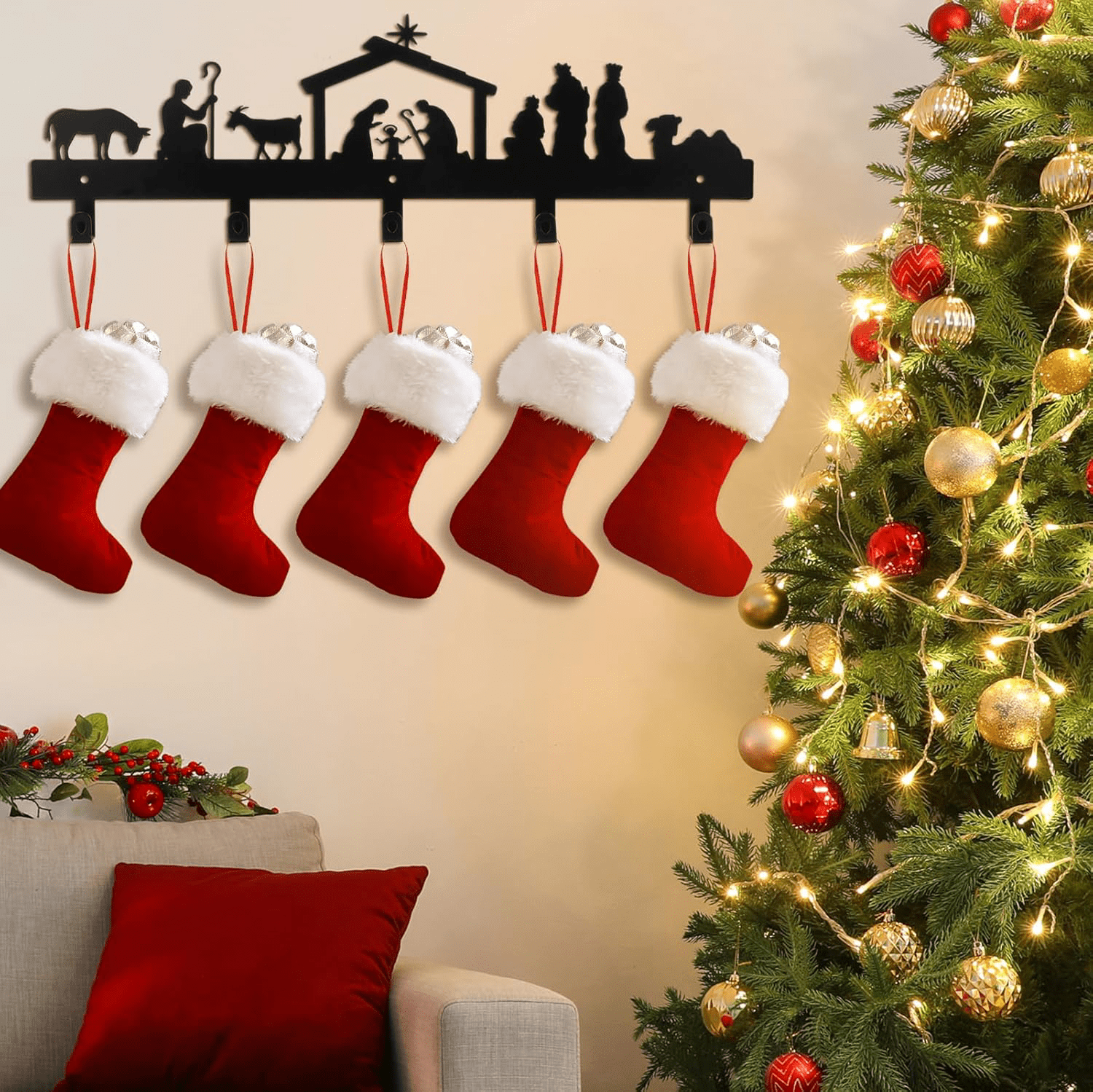 Festive Wall Mounted Stocking Holder with Decorative Hooks for Holiday Decor and Gift Storage
