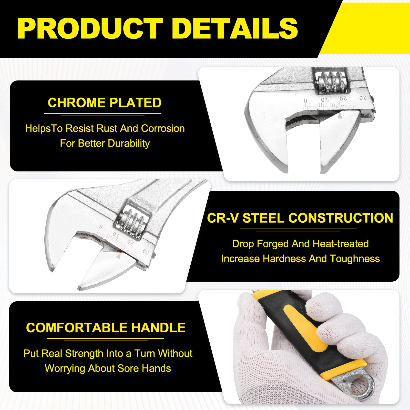 Uxcell Adjustable Wrench 10" High Carbon Steel Industrial Wide Jaw Wrench Adjustable Repairs Spanner Tool with Graduated Scale for Home Garage Workshop Plumbing, Yellow-Black