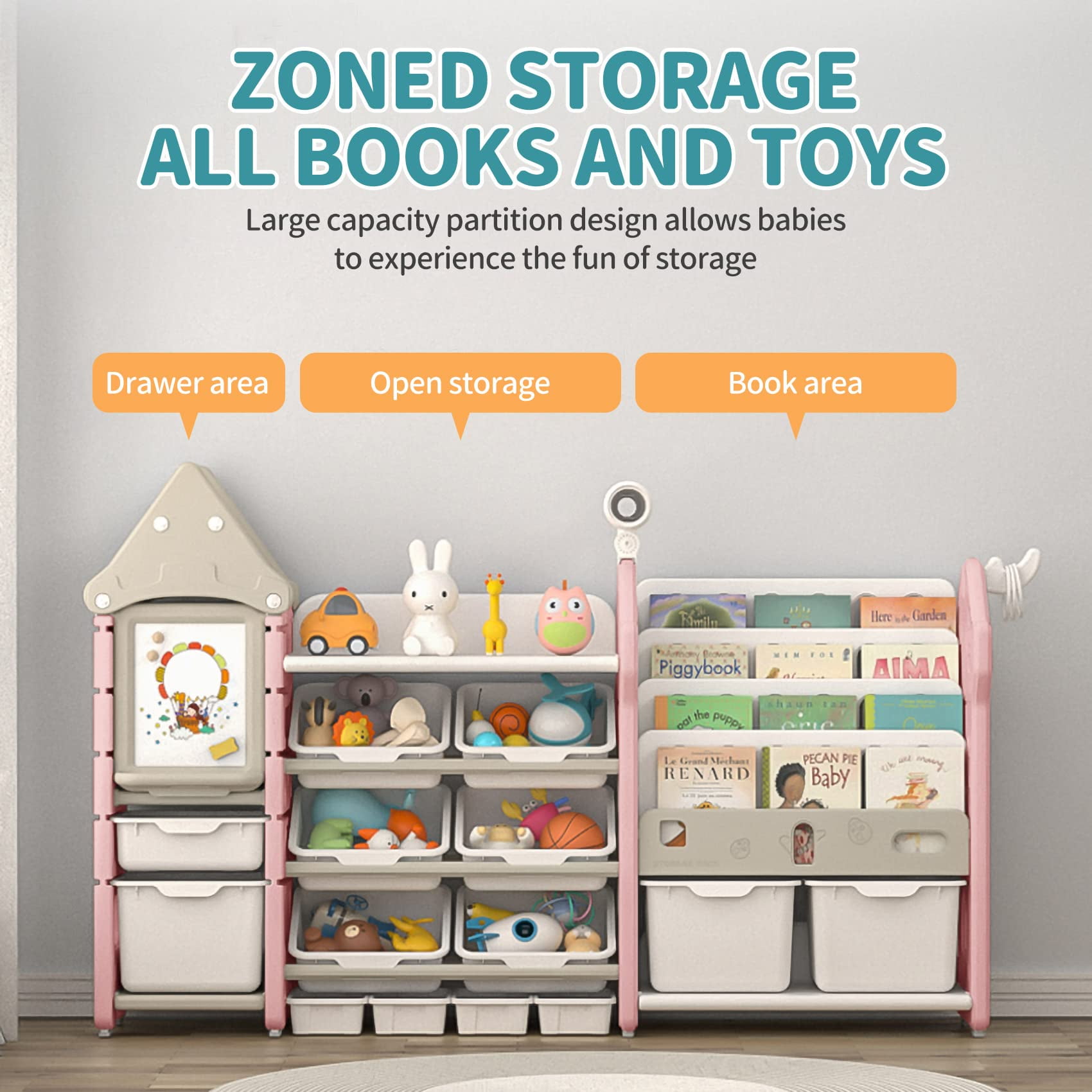 UNICOO® Kids Toy Storage Organizer and Children Bookshelf, with 14 Bins, Pull-Out Drawers Multipurpose Shelf for Toddlers to Organize Toys and Books (Magic Castle ? Pink)