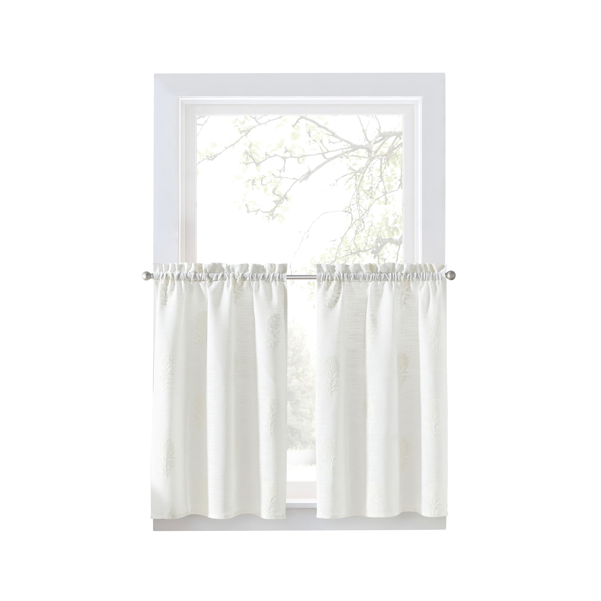 Curtainworks Grace Floral 36" Tier Pair White, Indoor, Rod Pocket, 56" x 36", Adult