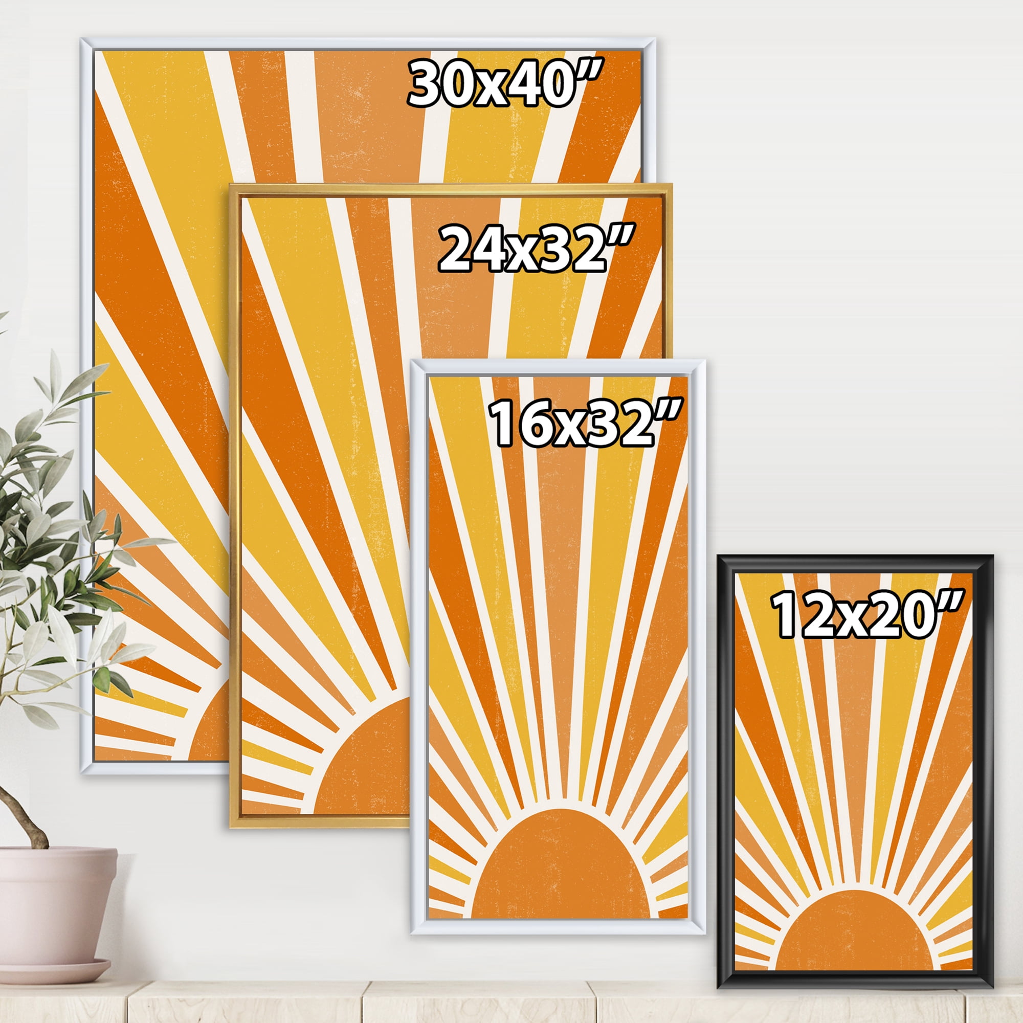 Designart 'Minimal Bright Shining Orange Sun Rays II' Modern Framed Canvas Wall Art Print