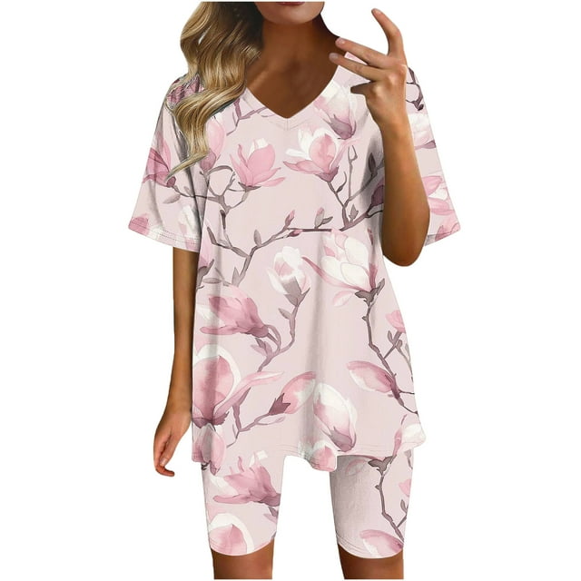 Blusas para las Mujeres Casual Impreso Cuello en V Manga Corta Blusa Pantalones Cortos, Conjuntos de Ropa para las Mujeres
