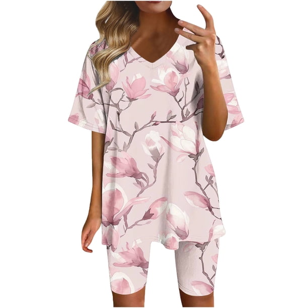 Blusas para las Mujeres Casual Impreso Cuello en V Manga Corta Blusa Pantalones Cortos, Conjuntos de Ropa para las Mujeres
