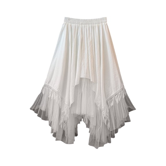 Arlun Midi Skirts for Women High Waisted Asymmetrical Ruffle Hem Casual Skirt Solid Color Knee Length Layered Flowy Birthday Party Skirts White One Size