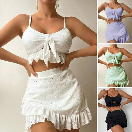 Guiexla 3Pcs/Set Sexy Women Bikini Set Summer Ruffle Hem Hollow Out Sling Bra Solid Color Briefs High Waist Cover Up Skirt Set Bathing Suit Quick Drying Beachwear