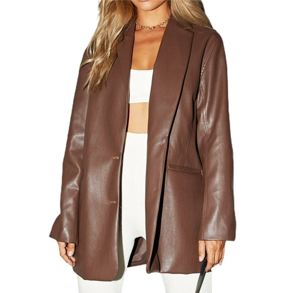 KOMOO Female Faux Leather Coat,Pocket Long Sleeve Suit Jacket Single-Breasted Vintage Blazer