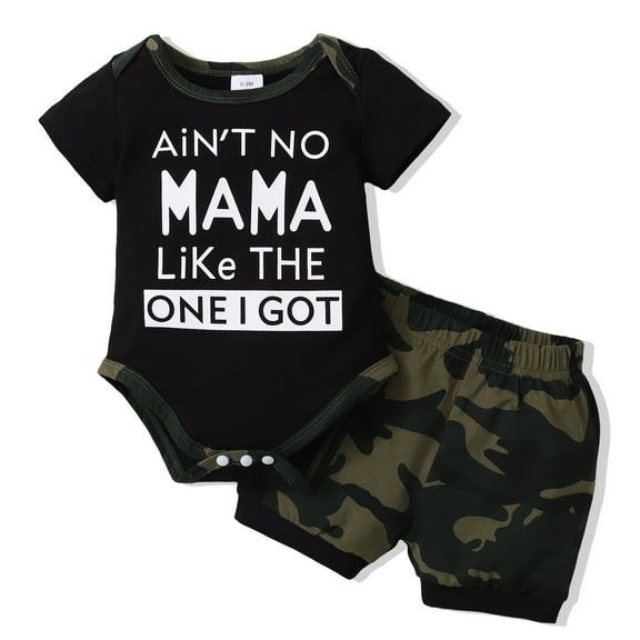 Kucnuzki Newborn Baby Boys Summer Outfits 3-6 Months Clothes Sets Short Sleeves Romper Letter Print Top Camouflage Shorts Sets 2pcs Black