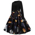 thumbnail image 2 of Robes d'Halloween Femmes Manches Longues Robe Cocktail Squelette Citrouille Imprimée Cosplay Costume de Fête (Citrouille,TTG), 2 of 5