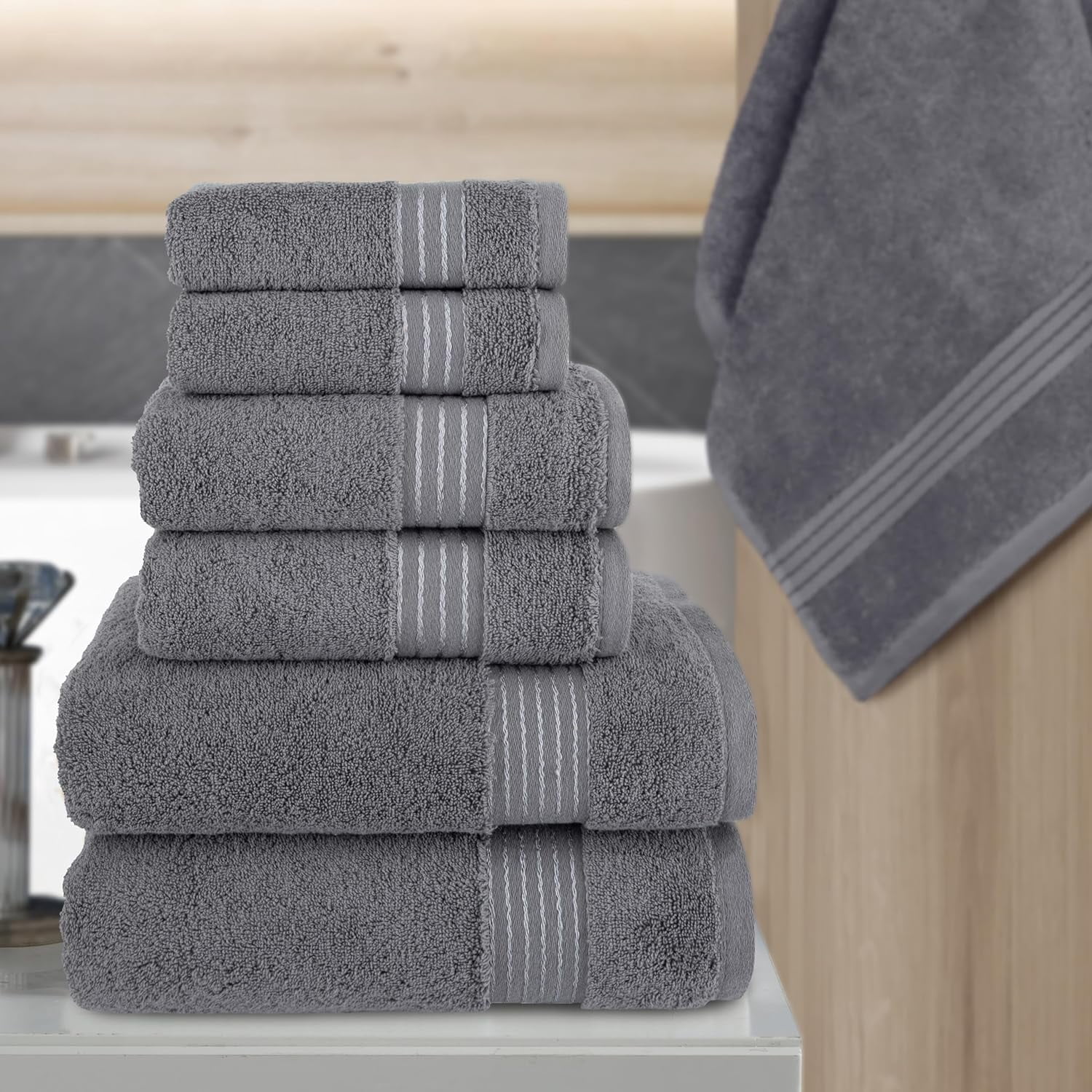 Elegant Comfort Cotton 6-Piece Towel Set, Includes 2 Washcloths, 2 Hand Towels and 2 Bath Towels, 100% Turkish Cotton - Highly Absorbent and Super Soft Towels for Bathroom, Grey