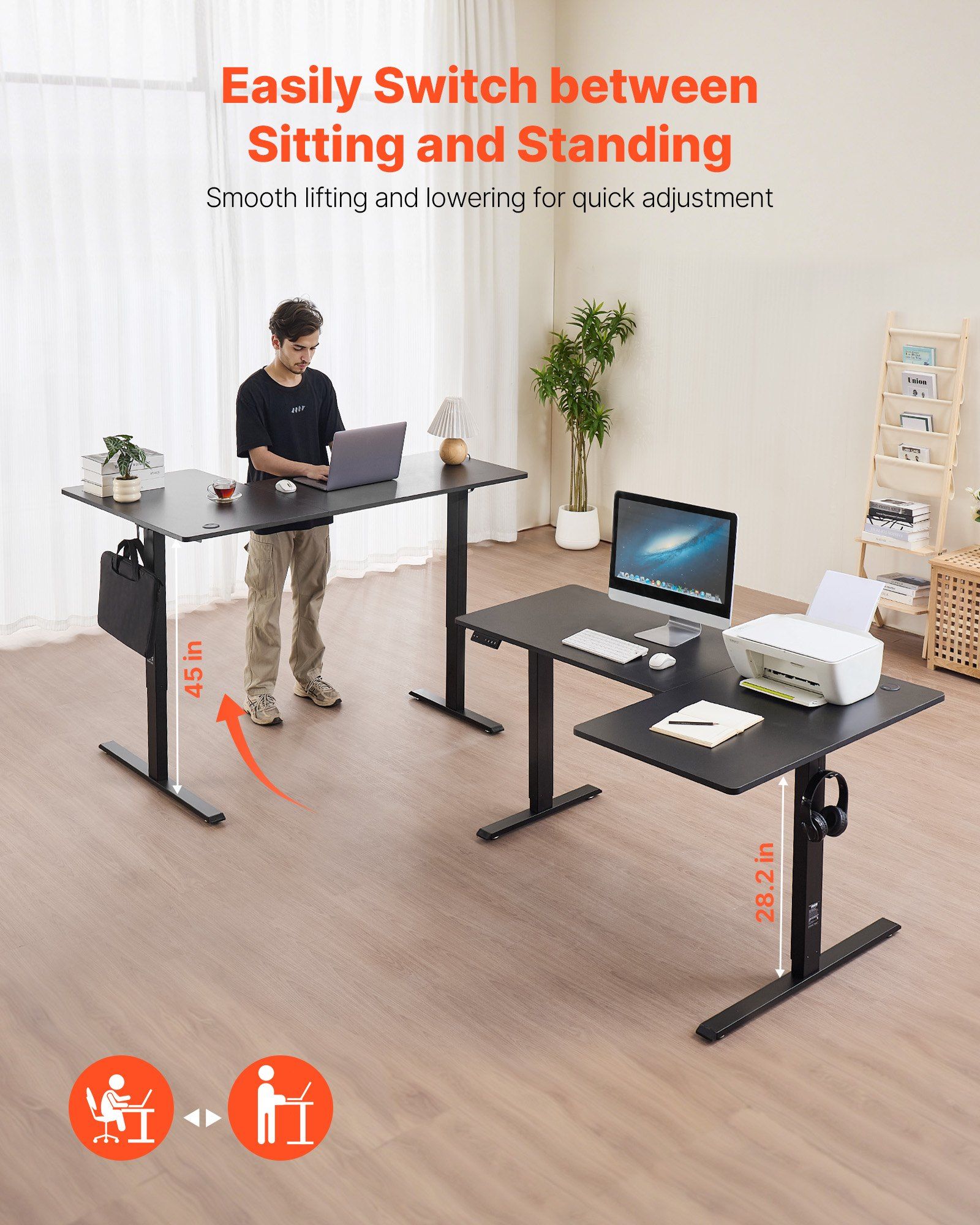 L-Shaped Electric Standing Desk Adjustable Height Corner Gaming Desk 63x39.37 Inch with Dual Motors, Memory Preset, Hooks, Cable Management, Spacious Workstation for Home Office