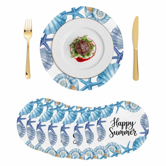Blue Ocean Shells Conch Round 15 Inch Placemats Set of 8, Nautical Coastal Starfish Summer HeatResistant Non Slip Place Mats for Dining Table, Wipeable Braided Kitchen Table Mats for Housewarming