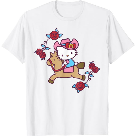 Hello Kitty Cute Cowgirl Horseback Western Rose DTG Print Unisex T-Shirt