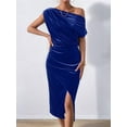 thumbnail image 4 of Women'S Off the Shoulder Asymmetrical Velvet Midi Dress Short Sleeve Ruched Elegant Party Dresses Blue XL, 4 of 8