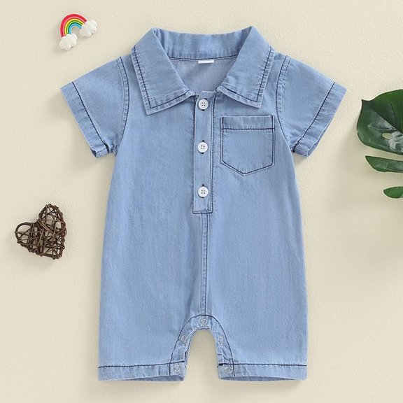 Bovxnpu Baby Boys' Bodysuits Denim Short Sleeve Baby Soft Summer Collared Neck Outerwear Bodysuit Summer Outfits