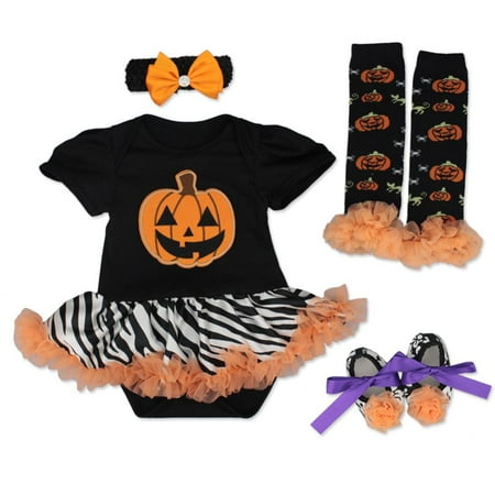 

Uccdo 4Pcs Halloween Baby Girl Pumpkin Outfits Baby Tulle Skirt Dress Romper+Headband+Shoes+Leg Warmers 0-18M