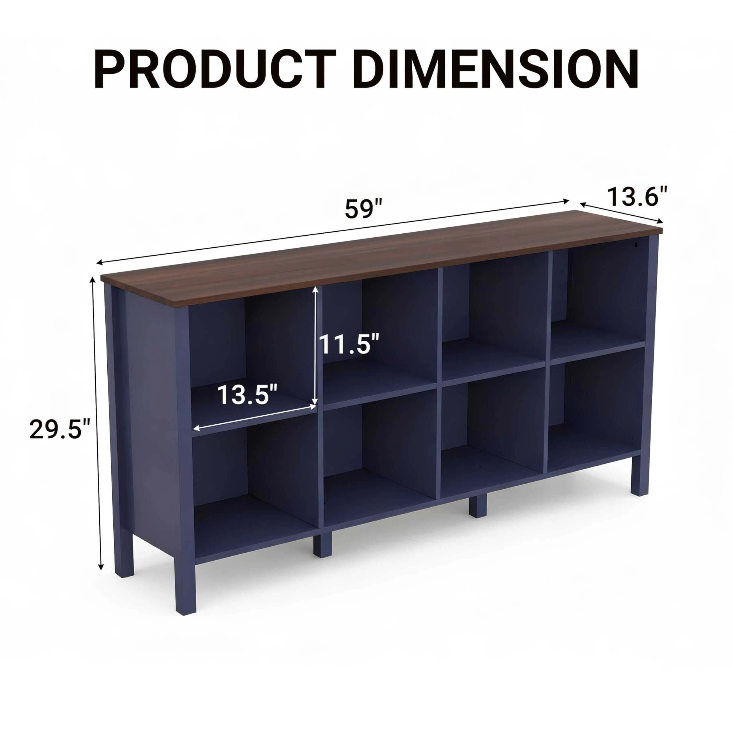 NEWADARA 8-Cube Bookcase, Farmhouse Wooden Bookshelf Low Storage Organizer, 59" Horizontal Navy Blue Console with Legs, Hallway Book Case for Entryway, Display Cabinet for Living Room (Navy Blue)