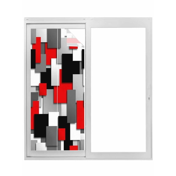 Red Black Geometric Window Privacy Film, Modern Abstract Art Block Static Cling UV Sun Blocking Tint Film Heat Control Windows Films for Bedroom Bathroom, Window Stickers 35.4"x78.7"
