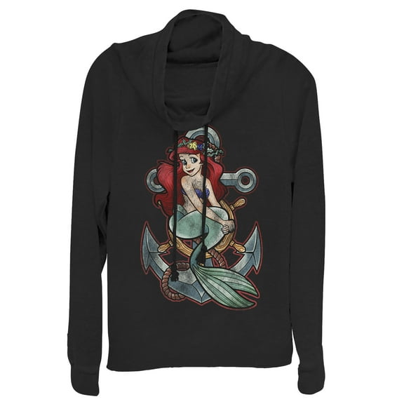 Junior's The Little Mermaid Ariel Vintage Anchor  Cowl Neck Sweatshirt Black Large
