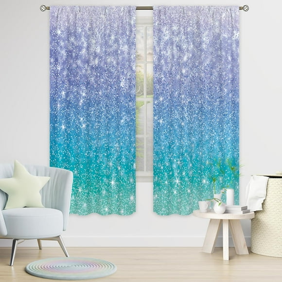 Rideaux Bleu Vert Sarcelle 42lx63h Pouces Poche pour Tringle Non Scintillants Turquoise Coloré Taches Filles Enfants Art Imprimé Ombré Pois Sirène Princesse Salon Chambre Rideaux de Fenêtre Habillage 2 Panneaux