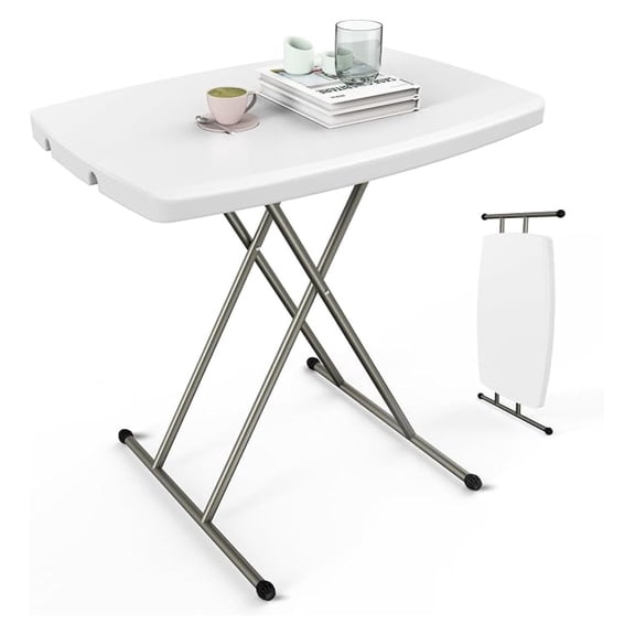 Sunshen Small Adjustable Folding Table, 13.8 in-28 in Height Personal Laptop TV Tray, HDPE Plastic Top with Steel Frame, 30 inch, White