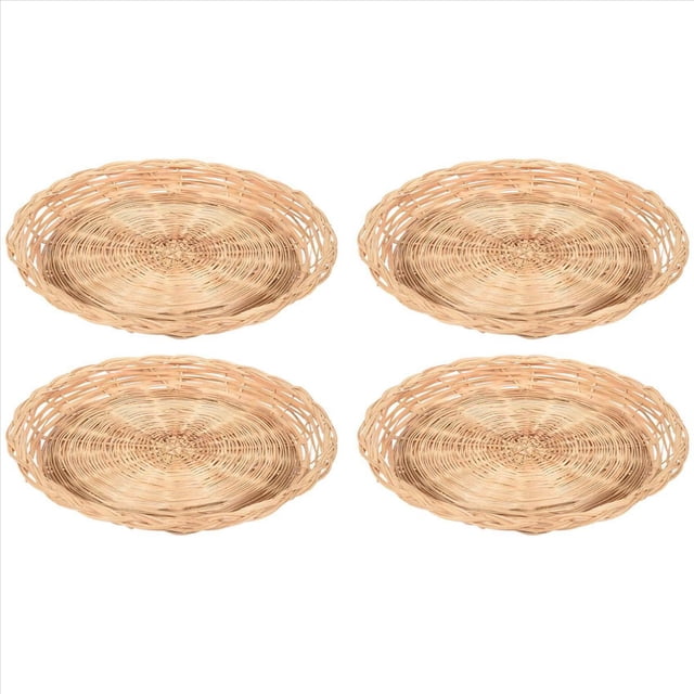 soporte de platos de papel de bambú de 16 piezas - cuatro soportes redondos tejidos de 10 pulgadas en vista frontal, cestas planas de bambú natural con base trenzada y borde entrelazado, reutilizables y aptos para microondas según especificación, color natural, ideales para servir platos de papel en picnics, barbacoas y fiestas; también suelen usarse para presentar pan o frutas.