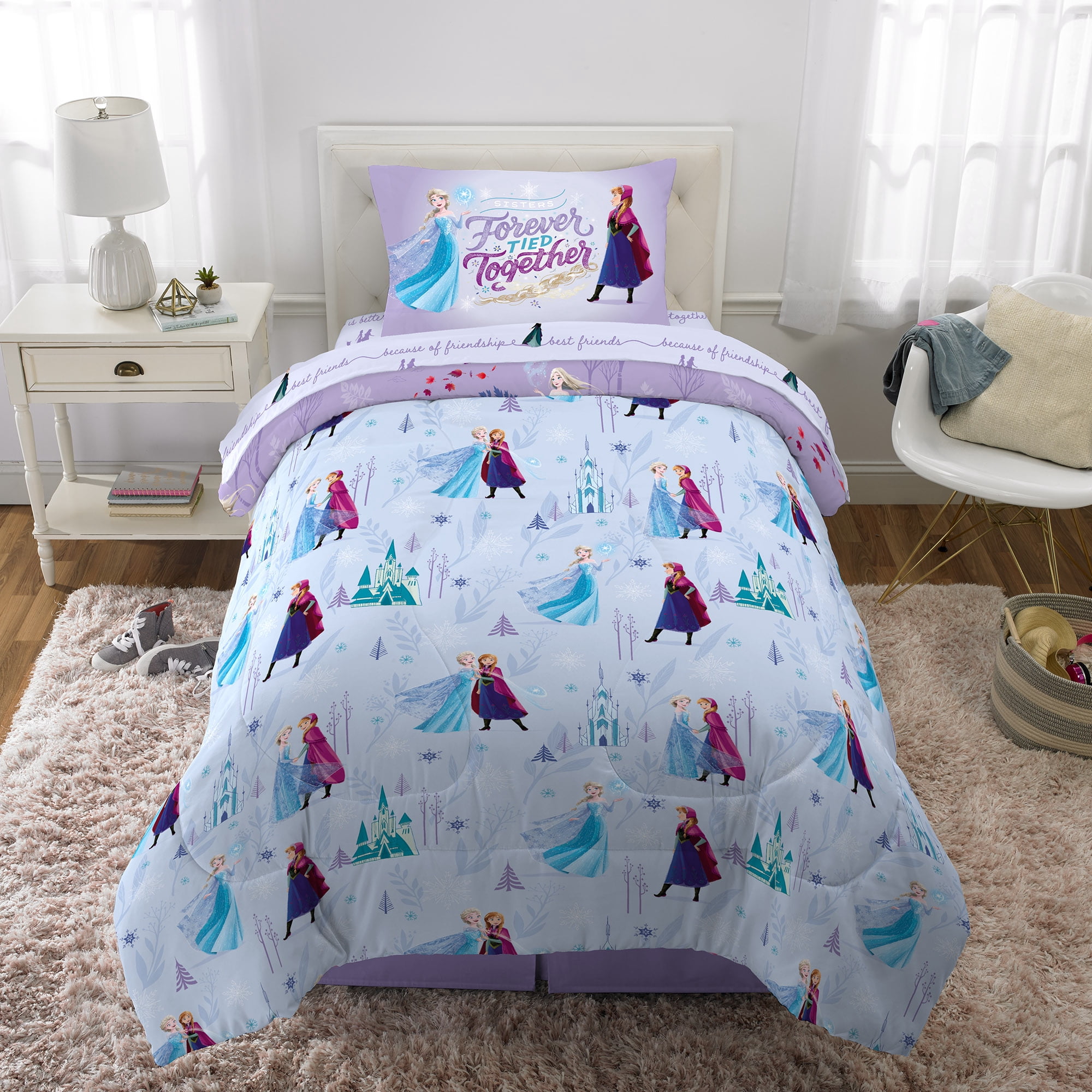 Disney Frozen Kids Twin Bed in a Bag, Comforter Sheet Set and Bonus Tote, Purple