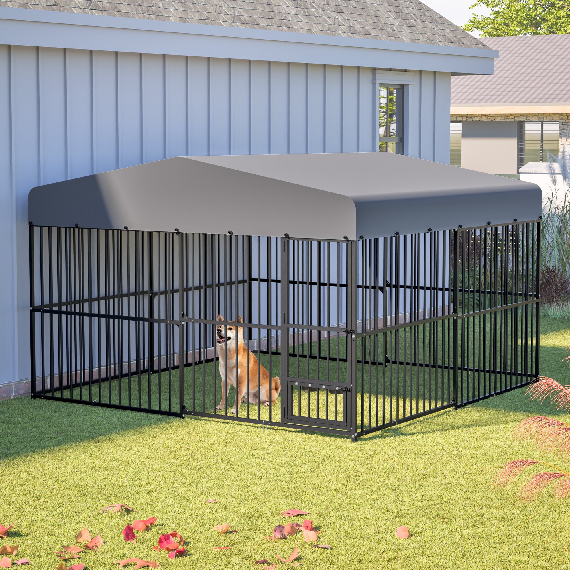 LZBEITEM 10x10ft Heavy Duty Outdoor Dog Kennel, Large Metal Dog Run Playpen with Waterproof UV-Resistant Cover & 360° Rotating Bowl Holder, Black