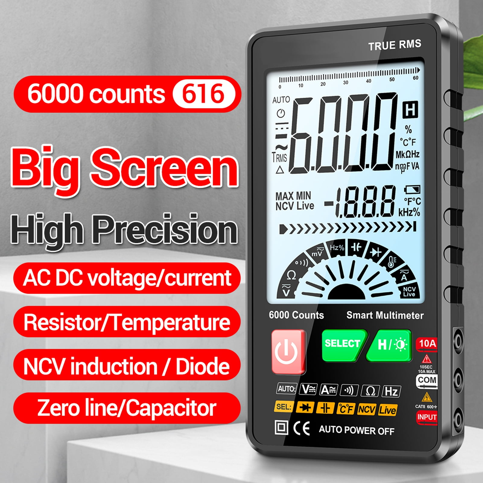 Elowen Multimeter Tester 616 Smart Digital Multimeter Auto Range 6,000 Counts NCV Universal Meter True RMS Handheld Multifunctional Tester Voltmeter Ammeter with Backlight Flashlight AC/DC