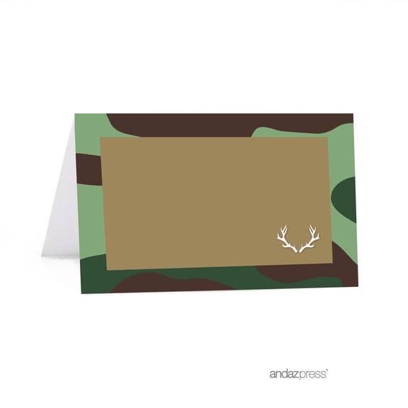 Koyal Wholesale Woodland Camouflage Boy Baby Shower Table Tent Printable Place Cards Cardstock 20-Pack