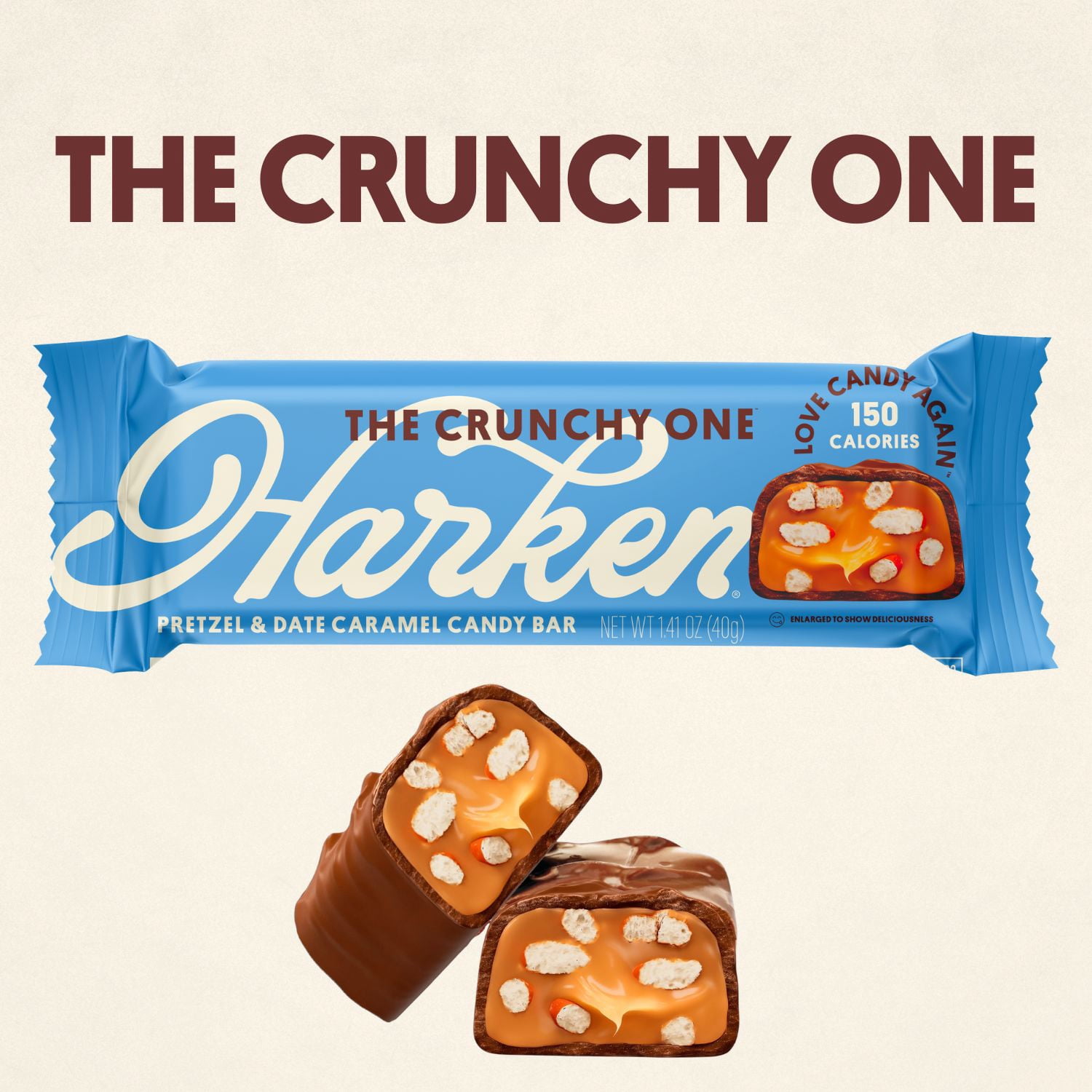 Harken, Pretzel Caramel Candy Bar, Refined Sugar Free, Hi Fiber, Low Cal, Dairy Free Snack