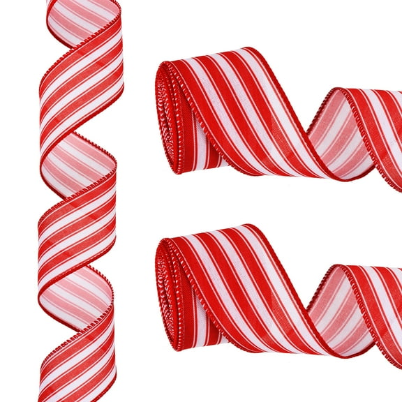 12 Yards x 2" Striped Ribbon Red and White Wired Ribbon Linen Gift Wrapping Ribbon for Christmas Craft Birthday Wedding Festival Wreath