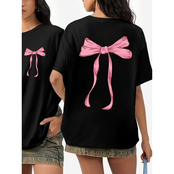 Women'S Black T-Shirt with Front & Back Pink Bow Graphic - Loose Fit Round Neck Short Sleeve Top,  Cute T Shirts, Everyday Fashion, Playful Design, Comfortable Fabric, Stylish Blouse