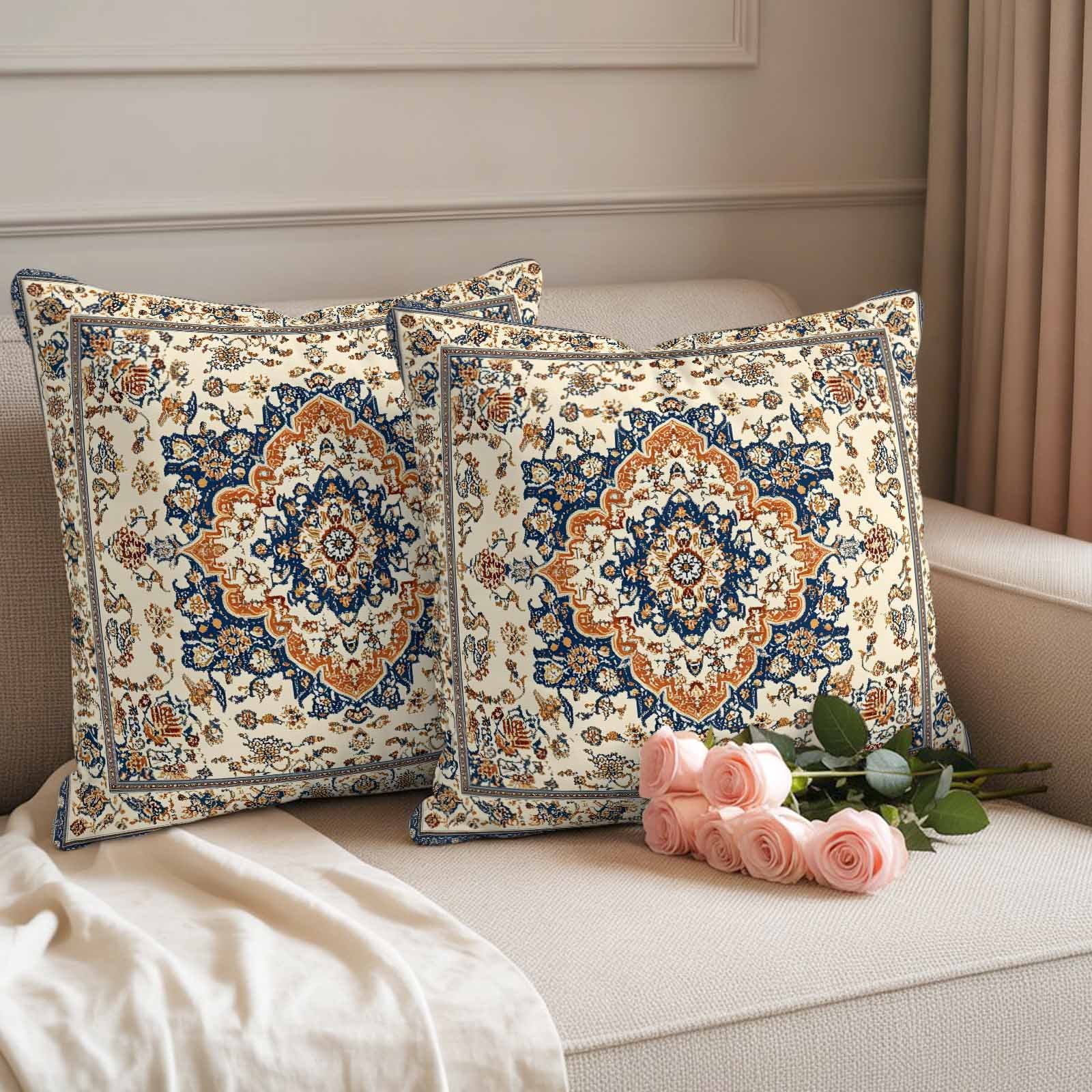 Vintage Ethnic Floral Pillow Covers 2 Pack Retro Brown Classical Bohemian Style Pillowcase Waterproof Outdoor Throw Pillow Cover for Patio Garden Square Cushion 16”x16”
