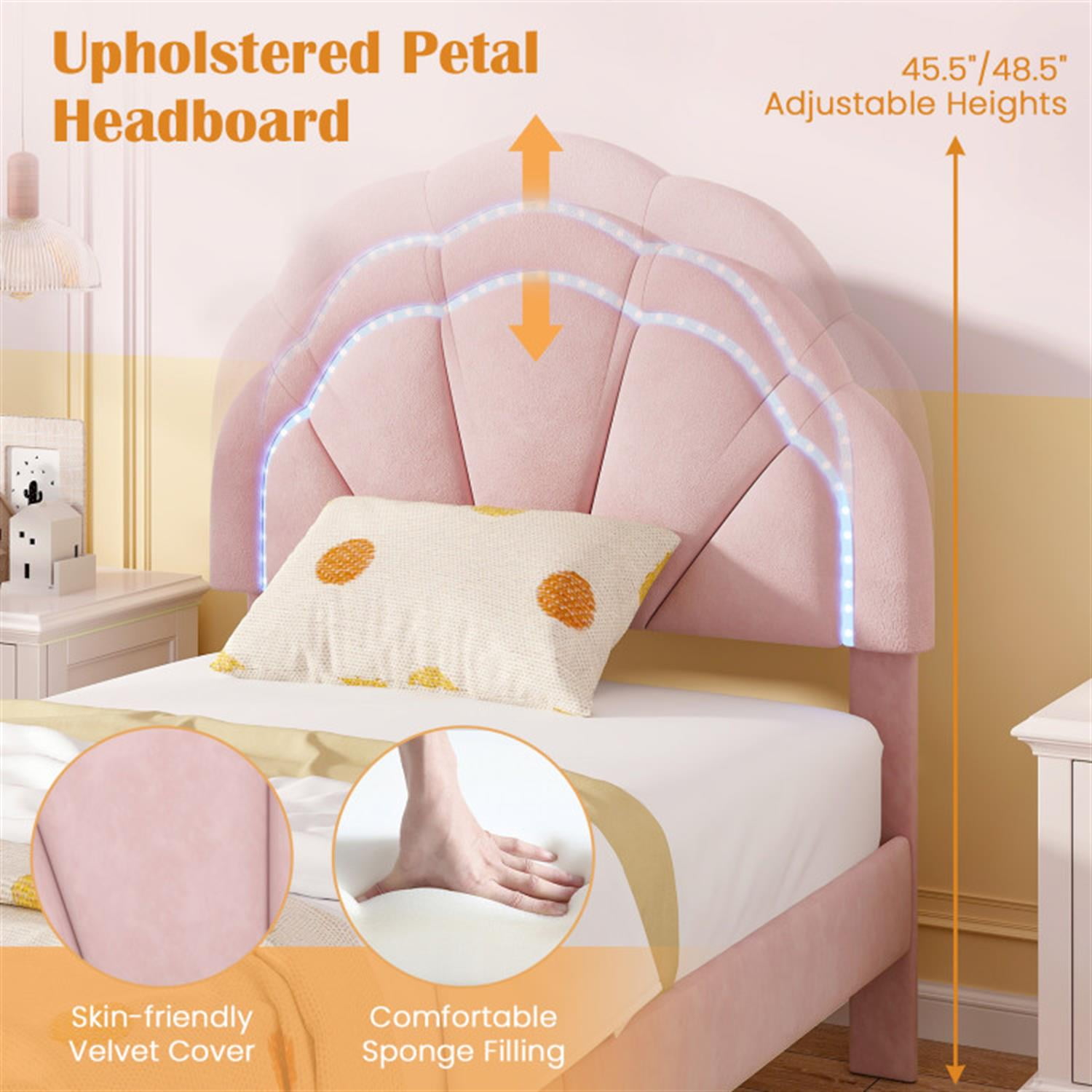 Demi Bonn Twin Size Upholstered LED Bed Frame with Adjustable Flower Headboard and Metal Support Feet, Platform Bed Frame with Wood Slats Support, No Box Spring Needed, Pink