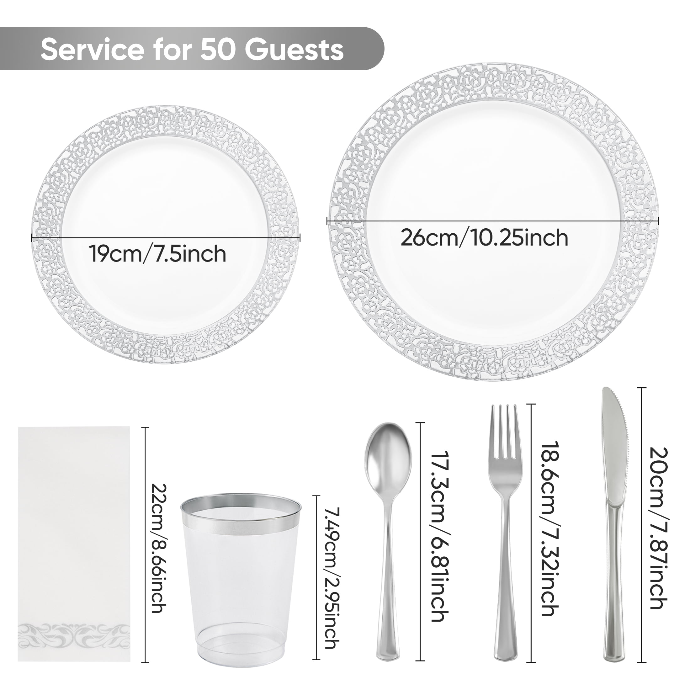 350Pcs Silver Plastic Plates Sets - Dinnerware Sets for 50 Guests,Decorative Plates for Festival Wedding Party