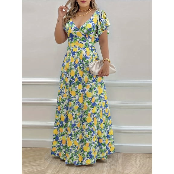 Women's Lemon Floral Maxi Dress V-Neck Flutter Sleeve Casual Boho Long Summer Sundress