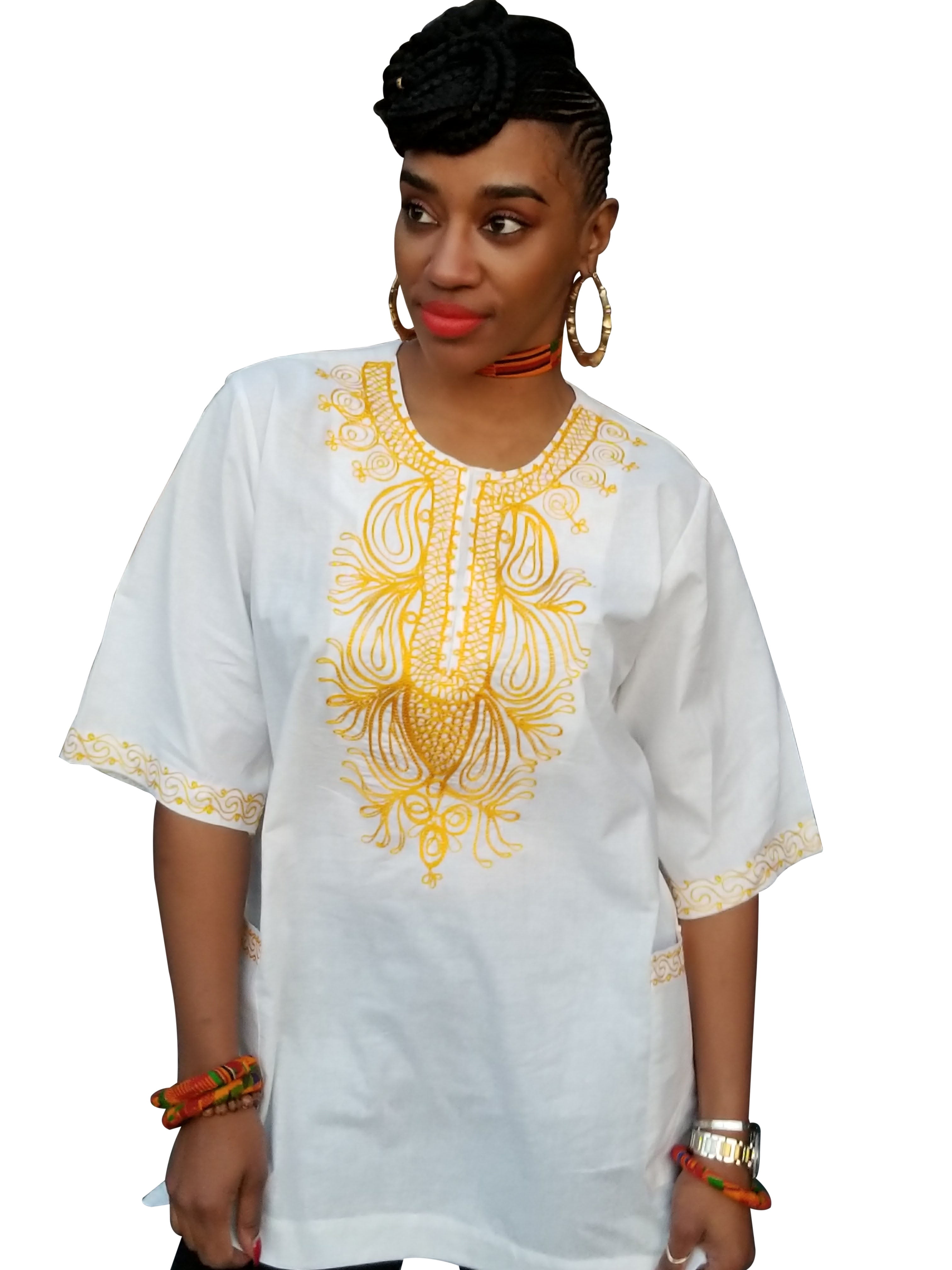 Off-White African Dashiki Shirt with Golden Orange Embroidery 