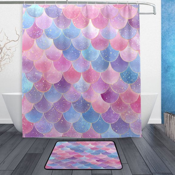 TTYFWHD 60" x 72" Shower Curtain and Bath Mat Set Sweet Glitter Mermaid Scales Waterproof Bathroom Curtain with 12 Hooks, Bathroom Decor Set